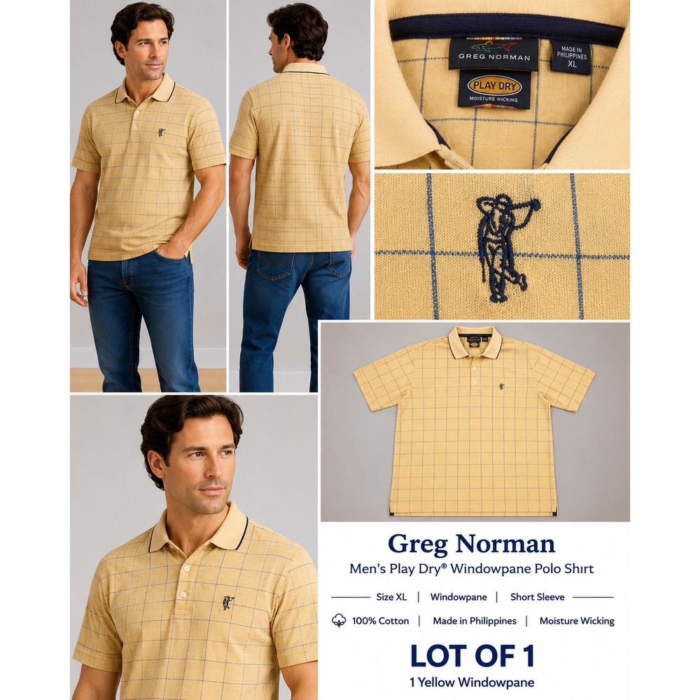 Greg Norman Mens Play Dry Windowpane Polo Shirt Yellow XL Short Sleeve Golf Logo